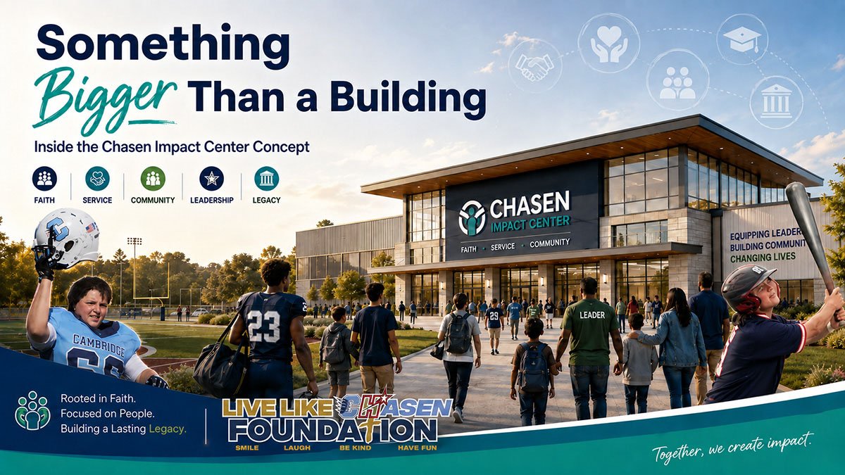 Chasen Impact Center concept featuring Chasen in his football and baseball uniforms and the Live Like Chasen Foundation logo